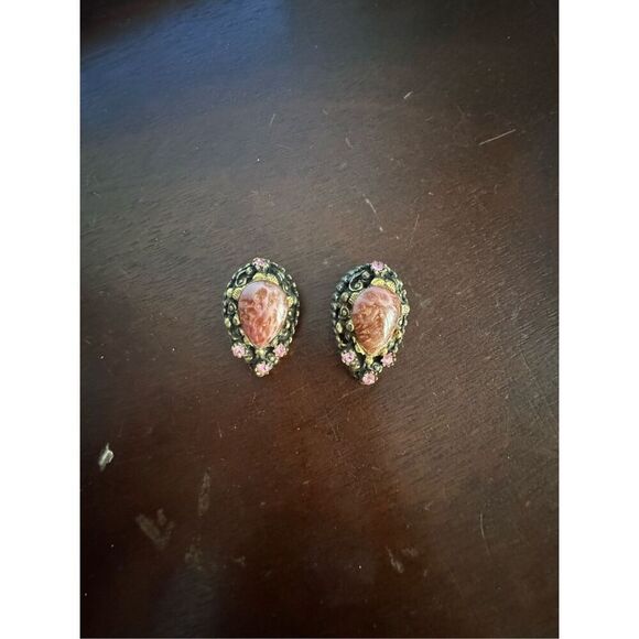 Vintage Victorian pink large stone clip on earrings witchy old money gypsy - Picture 3 of 9